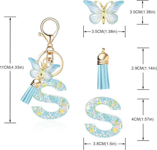 Fashion Alphabet Initial Letter Keychain Tassel Butterfly Pendant Key Ring for Purse Handbags Women Girl