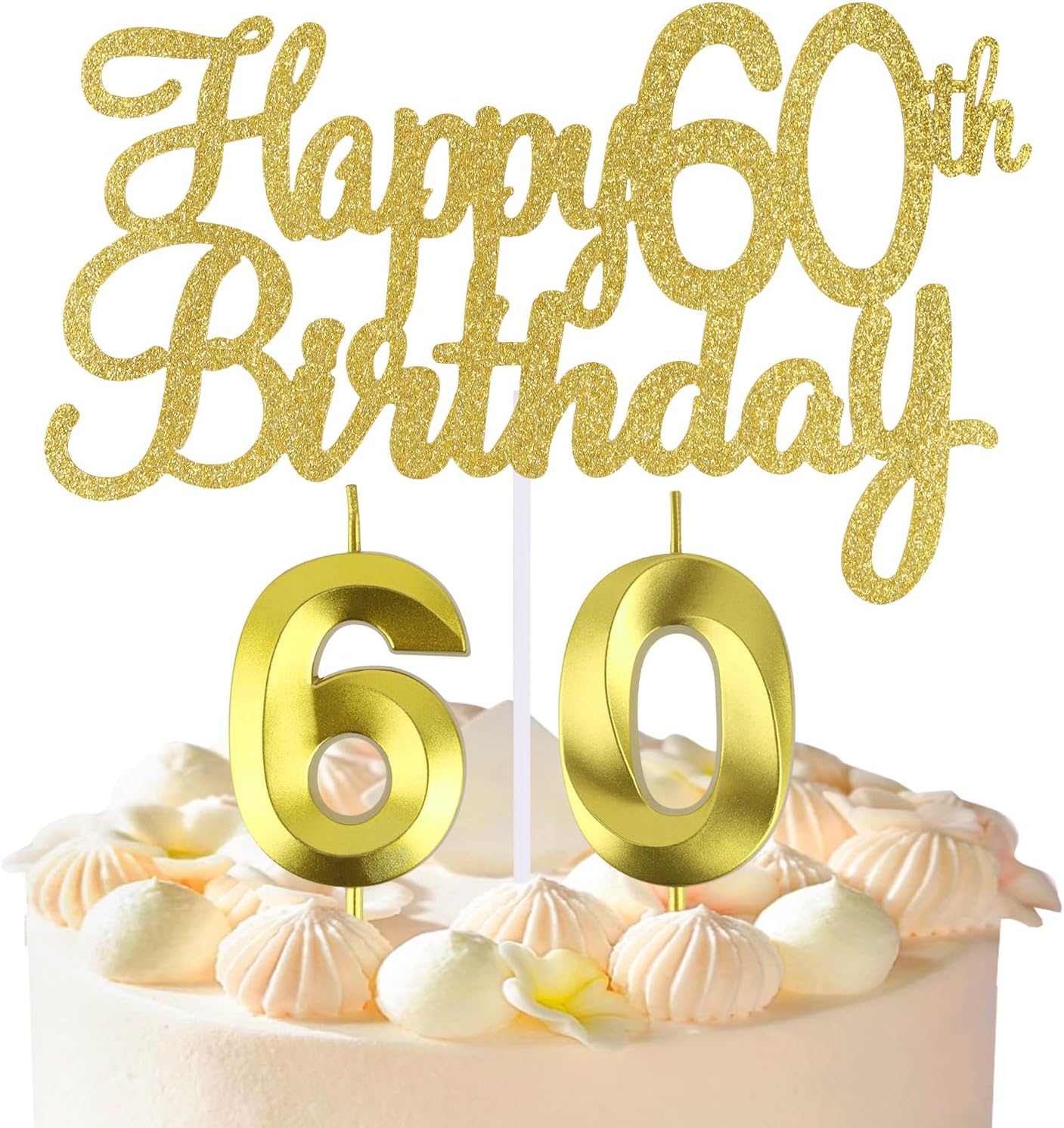 Happy 60th Birthday Cake Topper + 60 th Birthday Candles, 60 Cake Topper, Number 60 Candles, Happy 60th Birthday Cake Decorations, 60 Birthday Decorations for Men and Women (60)