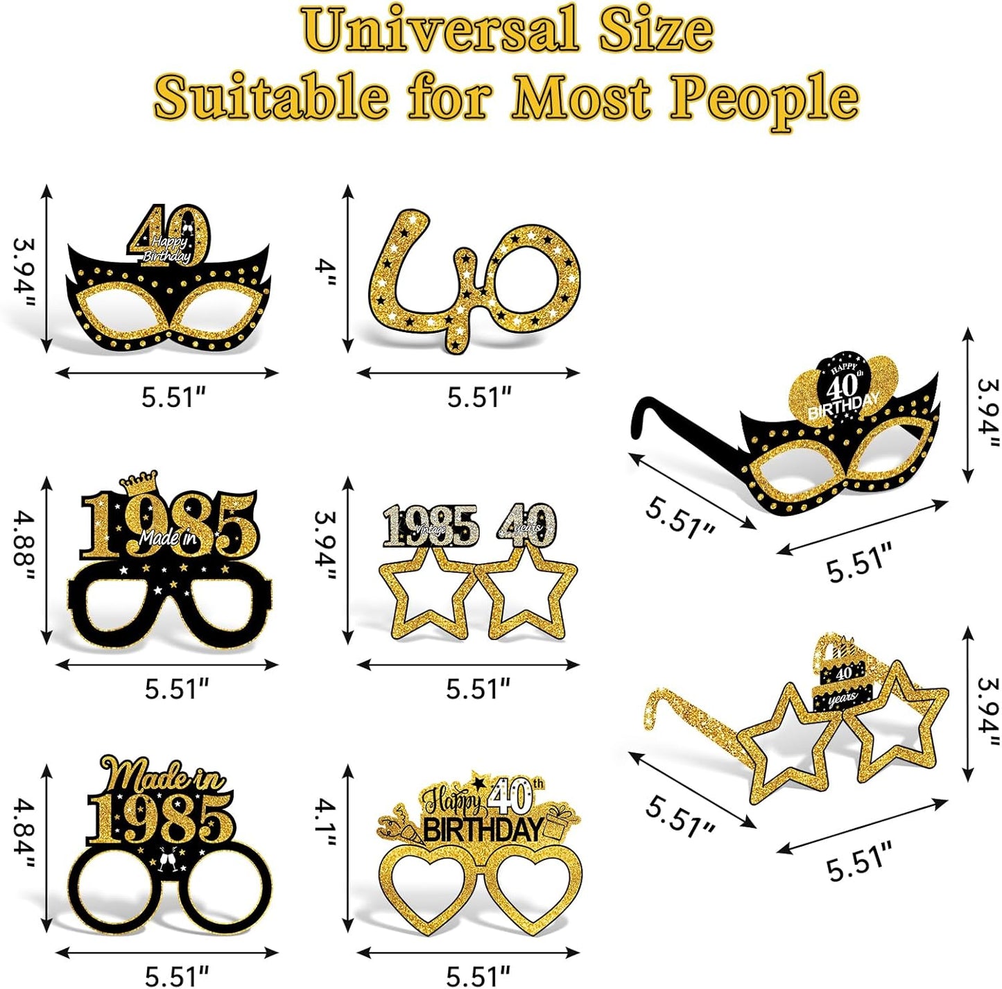 24Pcs 1985 40th Birthday Paper Glasses Decorations for Men Women - Black Gold Happy 40th Birthday Paper Eyeglasses Photo Props, Vintage 1985 Forty Years Old Birthday Party Supplies