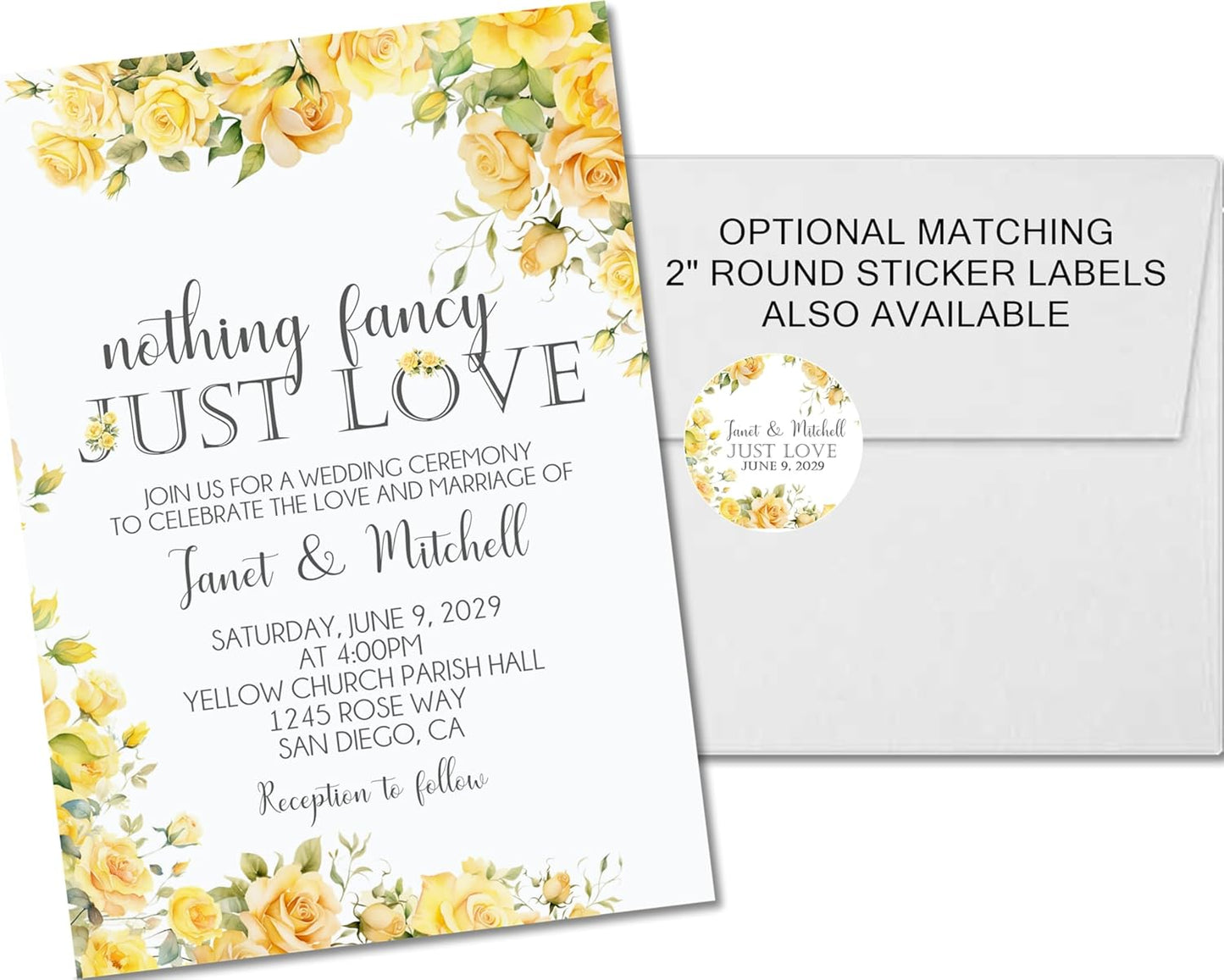 Yellow Rose Wedding Invitations, Garden Floral, Personalized, Set of 12 Invitations with Envelopes