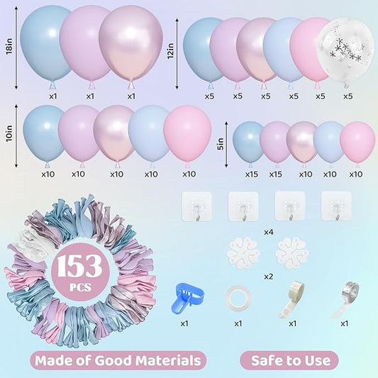 Amandir 153pcs Pink Purple Blue Balloons Arch Garland Kit, Different Sizes 18 12 10 5 inch Metallic Pastel Iridescent Balloon for Girl Mermaid Snowflake Princess Birthday Party Baby Shower Decorations