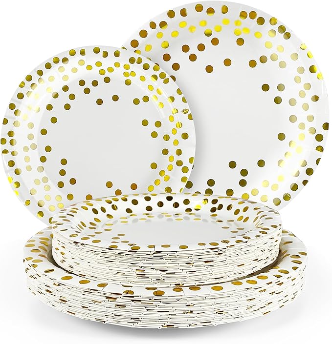 Disposable Plates for Party 50 Sets, Holiday Paper Plates, Heavy Duty Golden Dot White Paper Plates Napkins Cups for Baby Shower Birthday Wedding