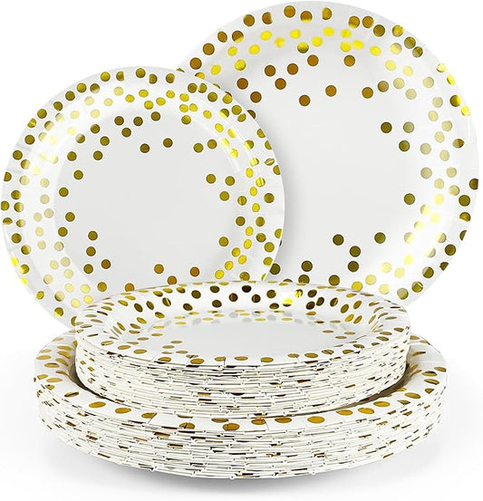 Disposable Plates for Party 50 Sets, Holiday Paper Plates, Heavy Duty Golden Dot White Paper Plates Napkins Cups for Baby Shower Birthday Wedding