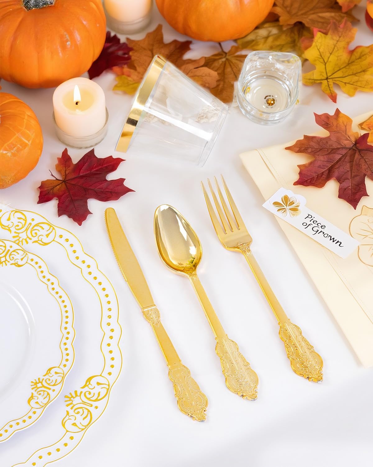 Ciaell 350 PCS Gold Plastic Plates - White and Gold Plates - Gold Disposable Plates Include 50 Disposable Plate, 150 Heavy Duty Silverware, 50 Cups, 50 Napkins for Wedding & Party & Thanksgiving