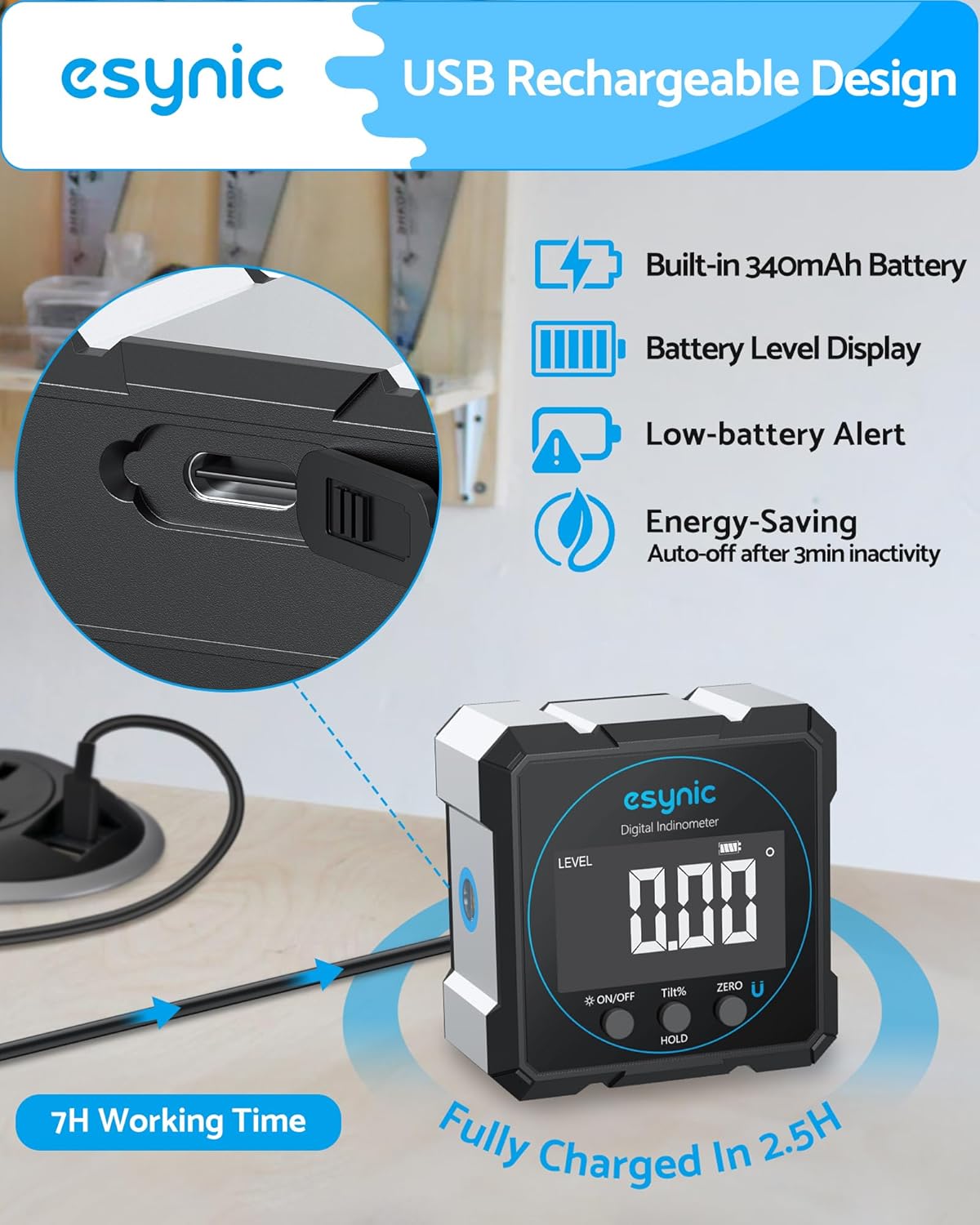eSynic Portable Digital Angle Finder with Laser -IP54 Waterpoof 4 Sides Magnetic Digital Inclinometer -Auto Off Backlight LCD Display Rechargeable Angle Gauge for Construction (Laser Level: Class II)