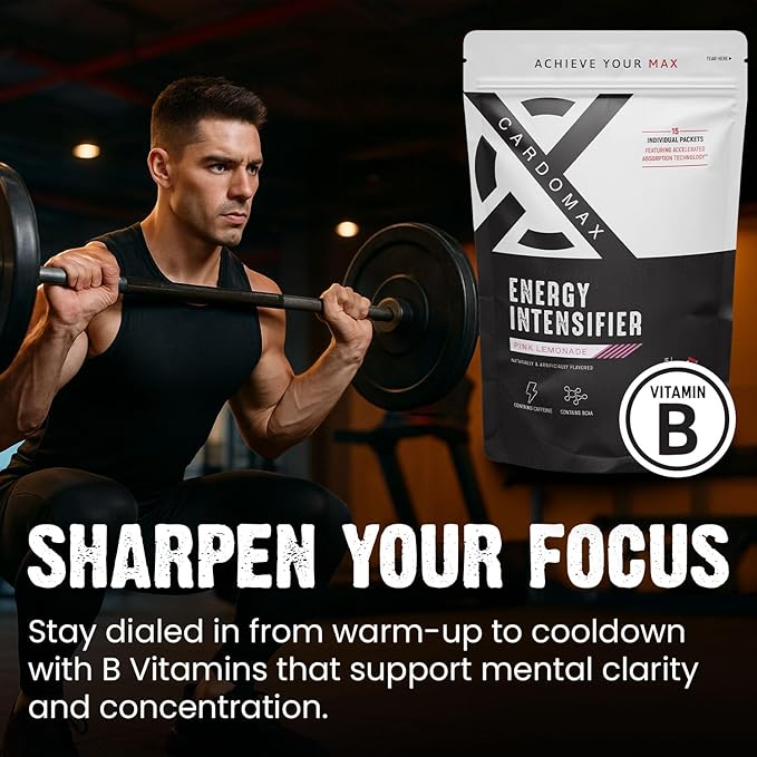CardoMax - Energy Drink Packets - Liquid Preworkout for Men & Women Caffeine Packets with BCAA, Vitamin B12, Vitamin B6 & B3 - Sugar-Free, Zero Calorie, Vegan & Keto - 15 Stick Packs - Pink Lemonade
