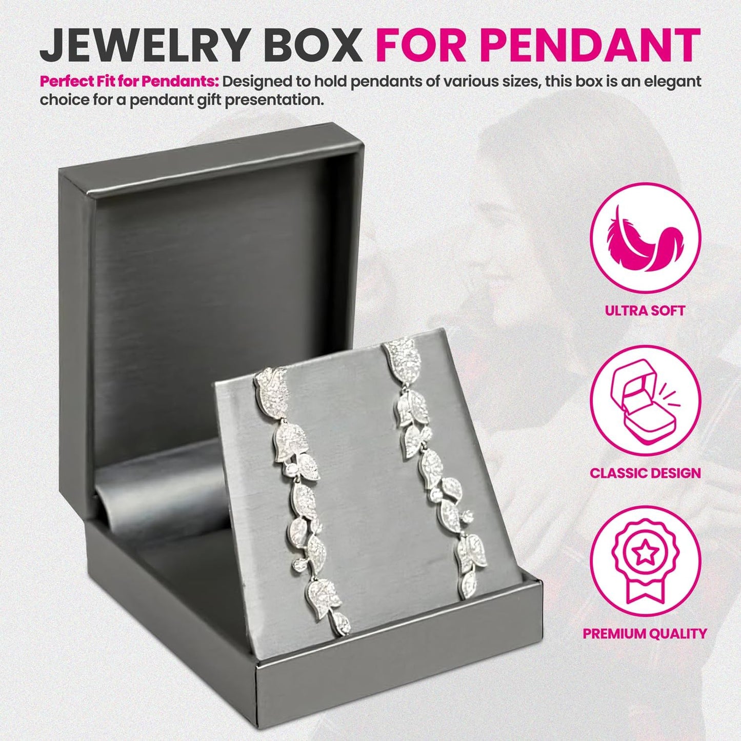 Novel Box Silver Jewelry Box for Pendant 3x4.12x1.25 Inches - Pendants Gift Box for Proposal Wedding Engagement - Faux Leatherette Jewelry Display Box - Gift Presentation Boxes for Pendants