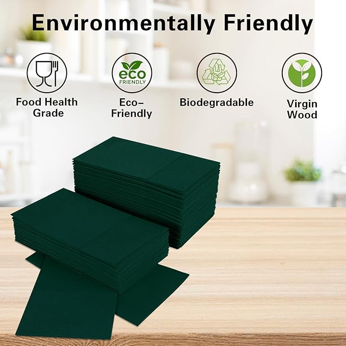 Dark Green Napkins Hand Towels Disposable, Linen-Feel Dinner Napkins with Prefolded Built-in Flatware Pocket, Guest Paper Hand Towels for Christmas Wedding Reception (16x16in, 50Pack）