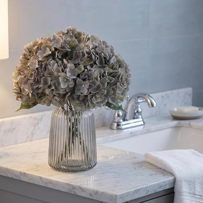 2Bouquets Artificial Fake Flowers Plants Silk Hydrangea Arrangements Wedding Bouquets Decorations Plastic Floral Home Kitchen Garden Party Festival Bar DIY (Gray Green,5 Flower Heads)