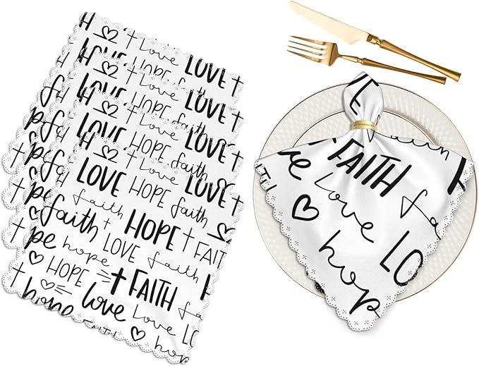 Handwritten Alphabet Table Napkins Cloth Set of 4 Soft Hope Faith Love Heart Washable and Reusable Dinner Napkins for KitchenWeddings Parties 18 x 18 inch