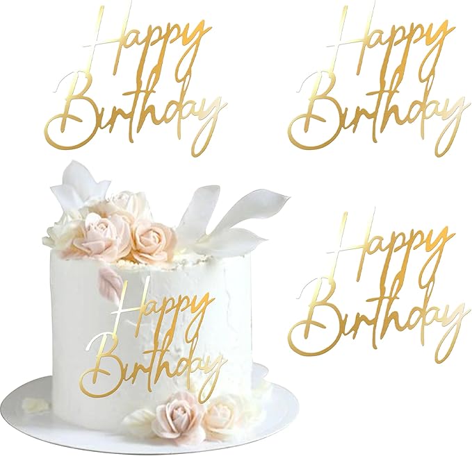 Rsstarxi 3 Pack Artistic Fonts Happy Birthday Cake Topper Gold Acrylic Birthday Sign Cake Pick for Men Women Boys Girls Birthday Party Cake Decorations Supplies Gold