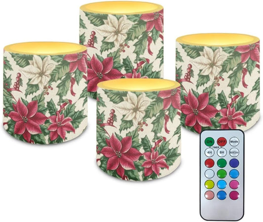 Poceacles Christmas LED Candles Set of 4 with Remote Timer, Multi-Color Flickering Flameless Battery Operated Candles Elegant Home Desktop Tabletop Decorations, Poinsettia Flower
