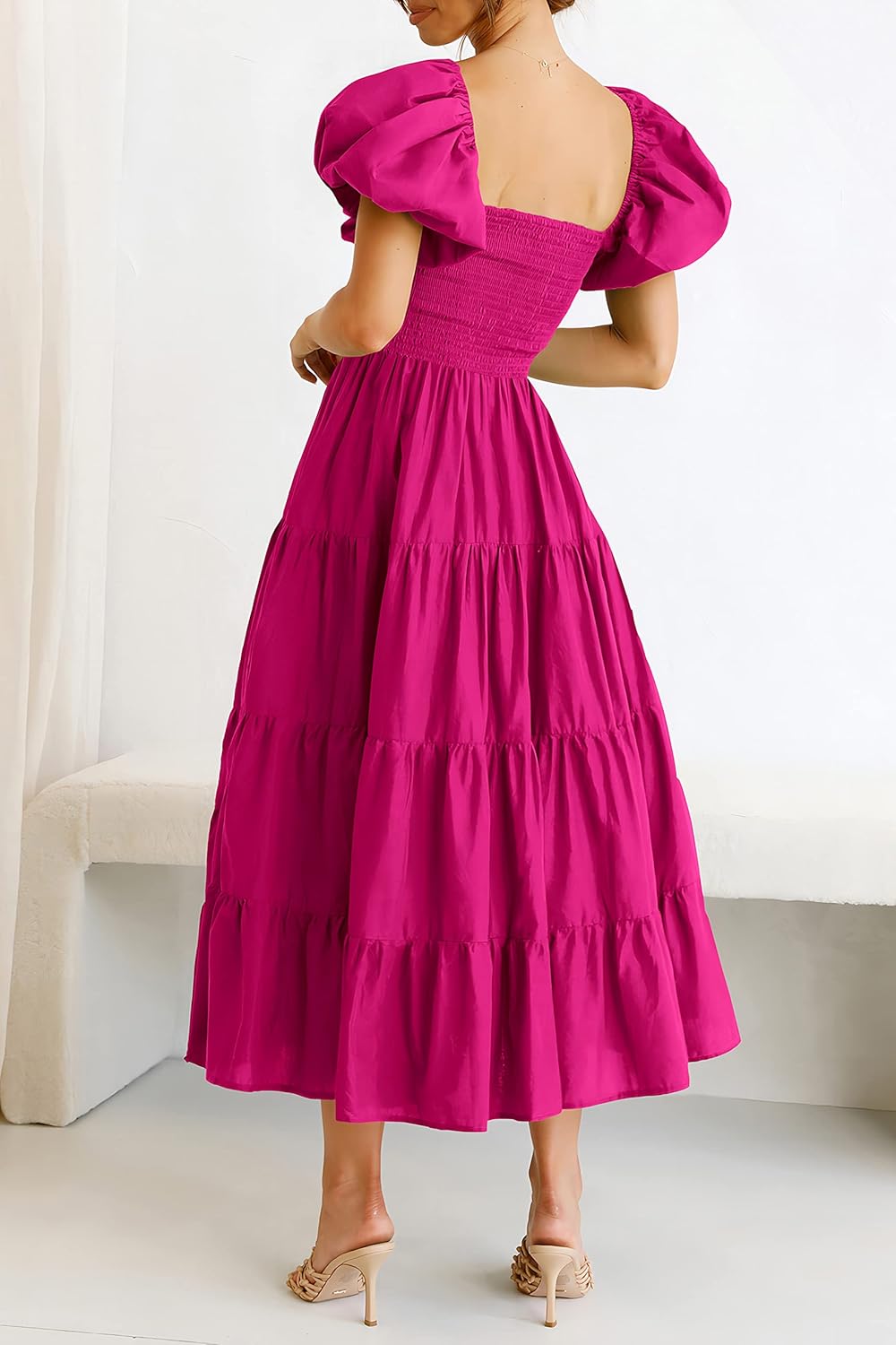 PRETTYGARDEN Women's Casual Summer Midi Dress Puffy Short Sleeve Square Neck Smocked Tiered Ruffle Dresses