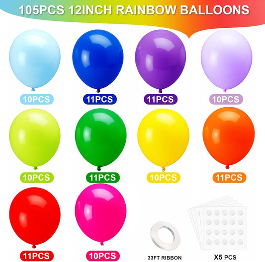 105pcs Rainbow Latex Balloons, 12 inches Assorted color ballons, Round Helium Bright Color Balloons for Birthday Baby Shower Wedding Party Decorations
