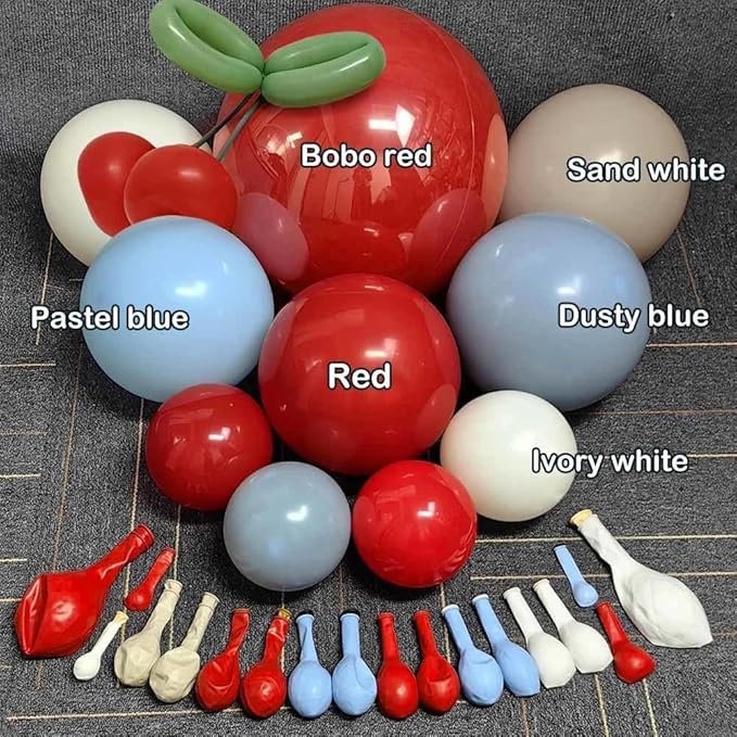 Red Blue Cherry Balloon Arch Kit Double Stuffed, Ruby Red Dusty Light Blue White Sand Ivory Balloon Garland with Long Latex Balloons for Cherry on Top Birthday Valentines Baby Shower Party Decor