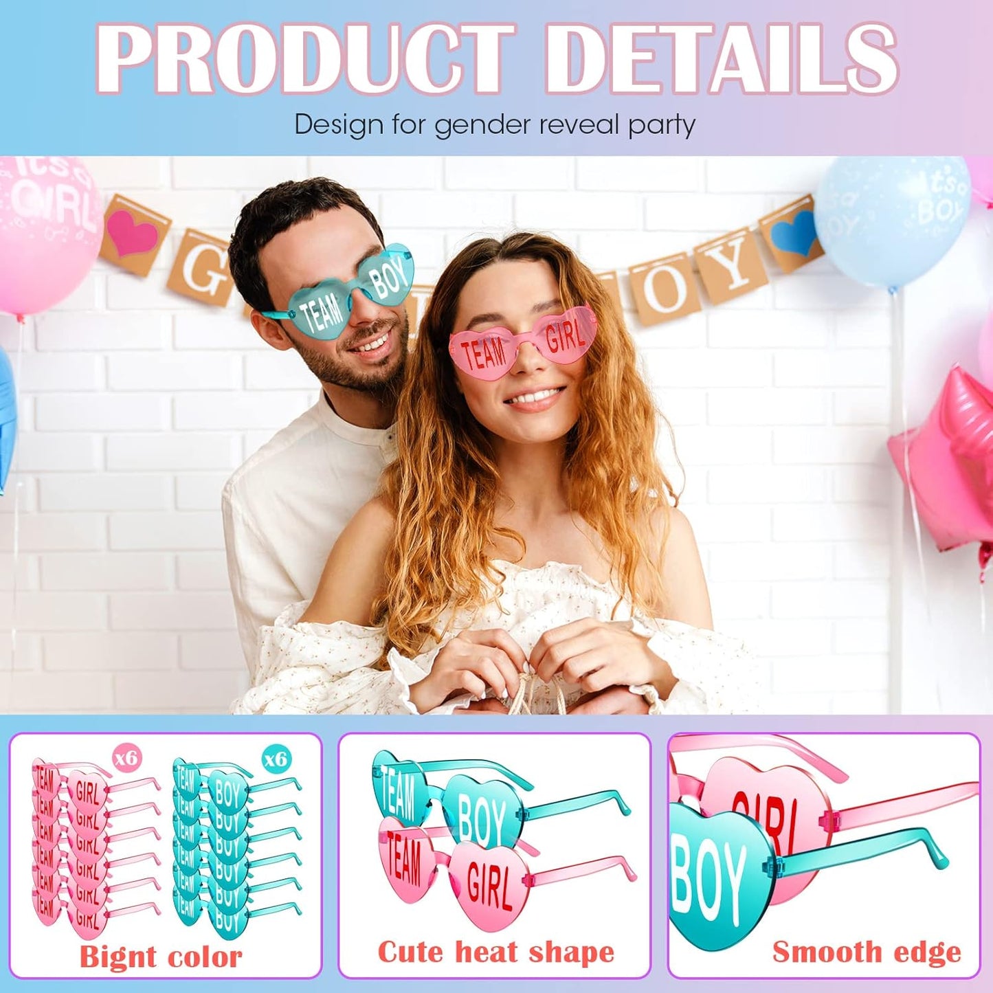 Konohan Gender Reveal Glasses Blue and Pink Sunglasses Frameless Team Girl and Team Boy Decor for Gender Reveal Party