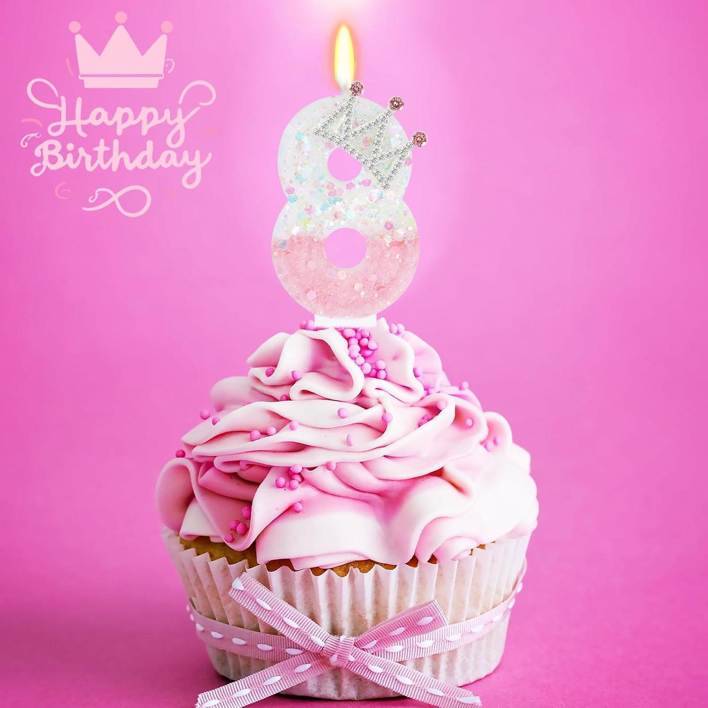 Pink White Number 8 Candle, Glitter Crown Cake Topper, Princess Birthday Party Decorations for Girls and Women Anniversary Celebrations Party Favors