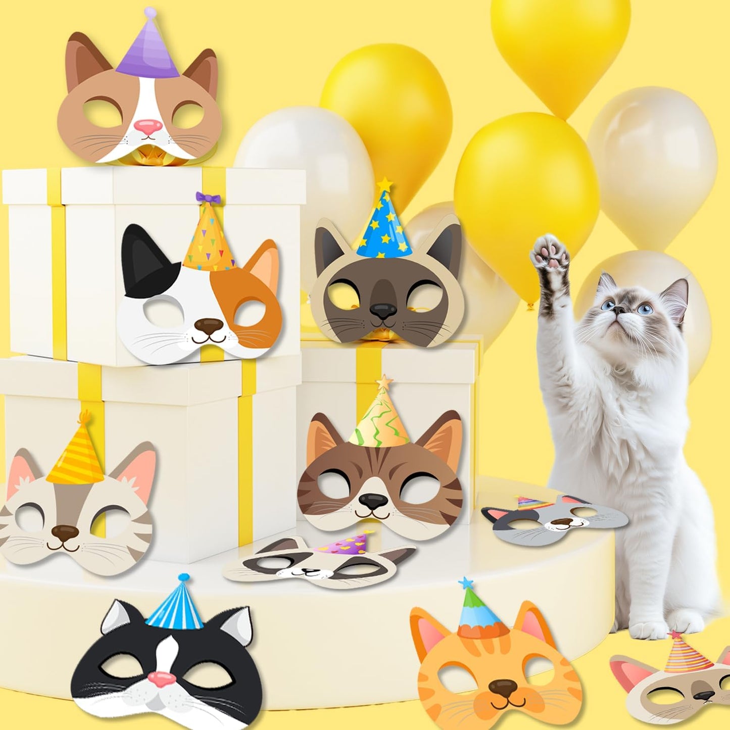 Cat Birthday Masks, 24 Pcs Kitten Party Mask Kitten Party Favor Masks for Cat Birthday Decorations Photo Booth Props