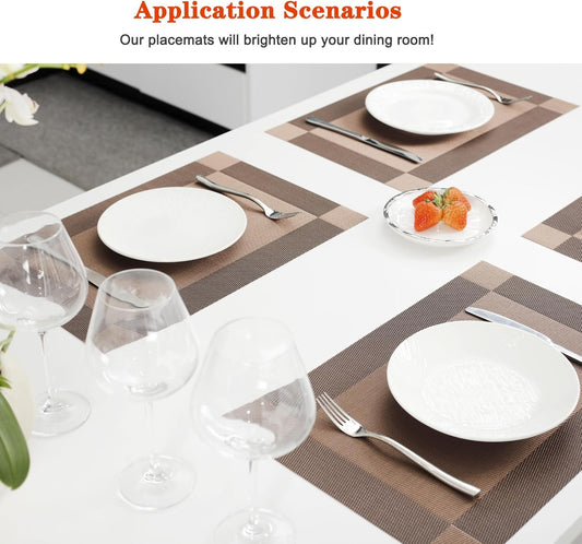 Placemats Set of 8,Washable,Heat and Stain Resistant Indoor/Outdoor Place mats,Vinyl Woven Non Slip Table Mats for Restaurant Table Protection,PVC Placemats(Brown,8PCS)