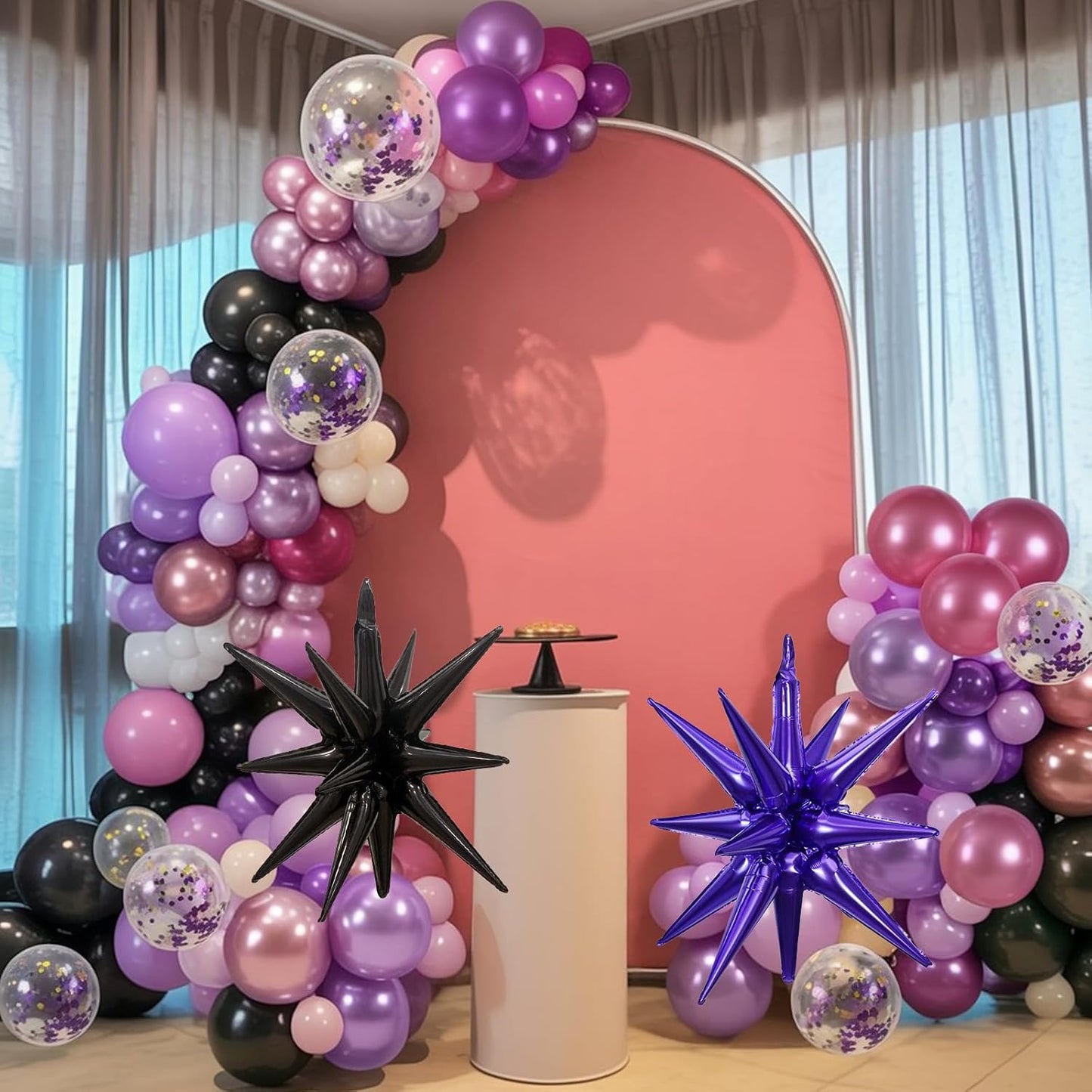 Pink and Purple Balloon Garland Arch Kit, Black Purple Pink Metallic Confetti Latex Party Balloons with Explosion Star Foil Balloon for Girls Bridal Baby Shower Wedding Birthday Party Decorations