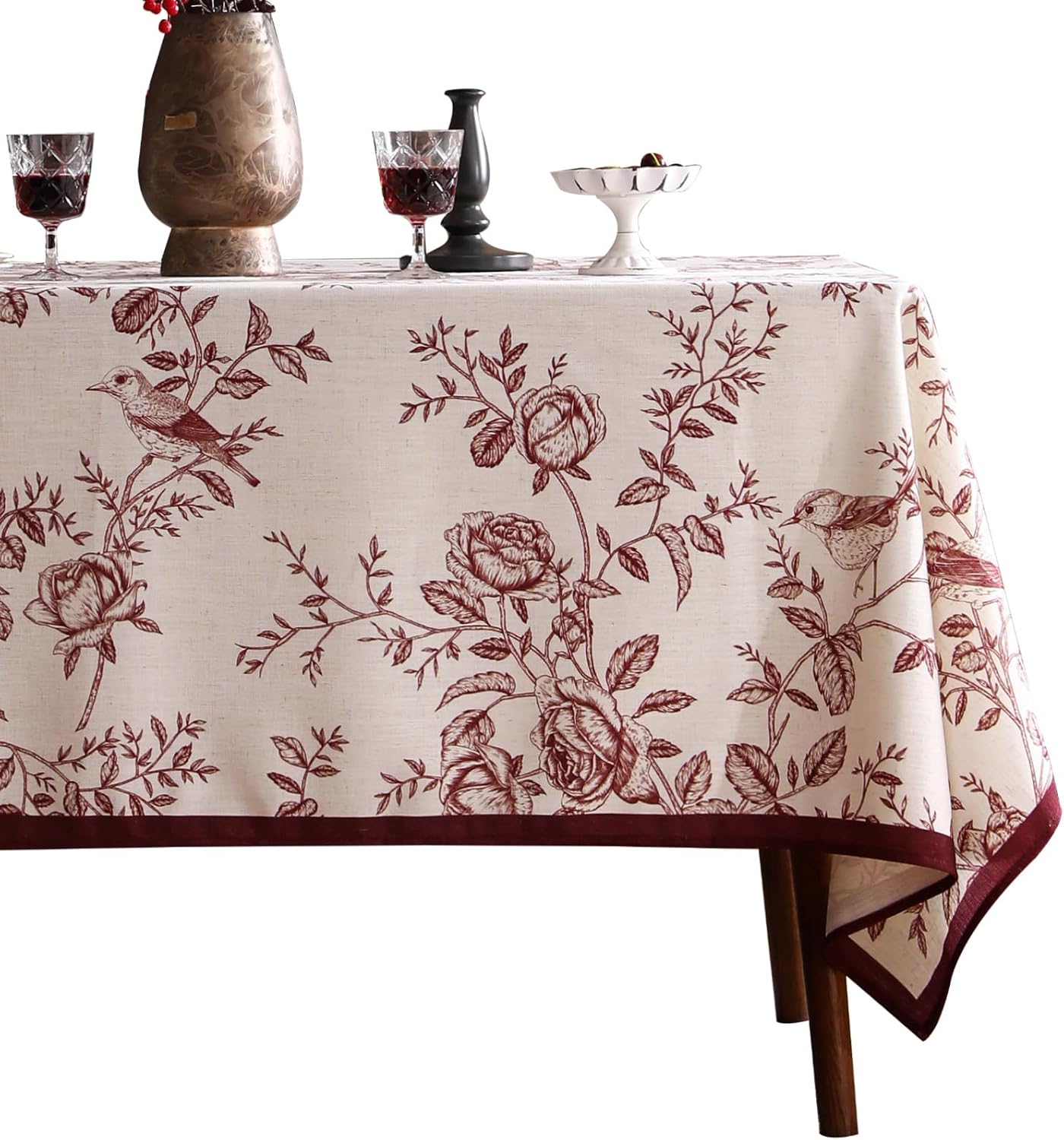 ISAENNE Designer Vintage Linen Rectangular Tablecloth,Red Floral Pattern Linen Stain Resistant Table Cloth,Decor Tablecloths for Dining Thanksgiving Kitchen Tea Party,55"*87"-Harmony