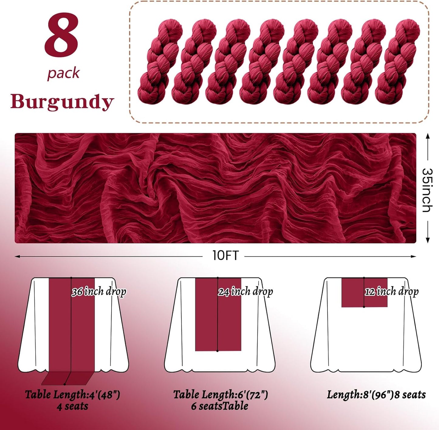 8Pack Burgundy Cheesecloth Table Runner 10FT Gauze Cheese Cloth Table Runner 35 x 120 Inch Long Boho Table Runners Rustic Sheer Table Runners for Wedding Bridal Baby Shower Decor