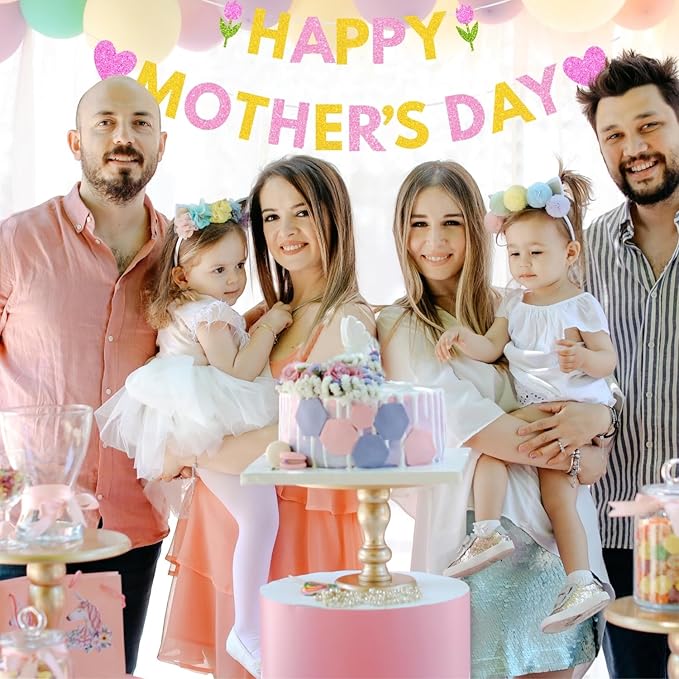 Happy Mother's Day Banner Set Decoration for Mother's Day Party Decorations Backdrop Garland for Mom Mother's Day Glitter Garland Photo Props (Pink Tulip Heart)