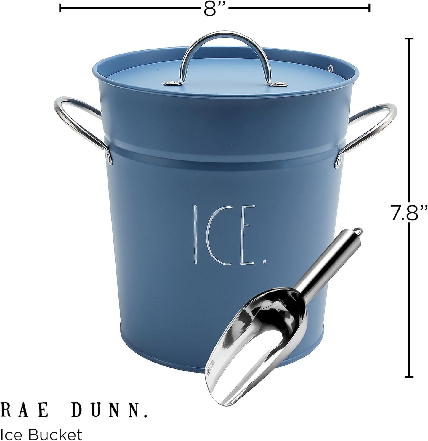 Rae Dunn Ice Bucket with Scoop - Stainless Steel Bucket with Handle, Lid and Ice Scooper - 4 Qt. Storage Bin for Ice Cubes for Bars, Parties, Backyard Barbeques, Picnics, and Camping (Blue)