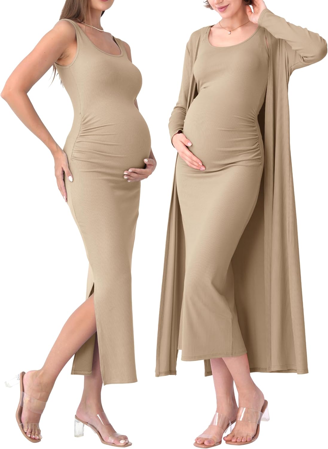 Rnxrbb 2 PCS Fall Winter Maternity Dress Cardigan Set Long Bodycon Maxi Formal Dresses Boho Baby Shower for Women
