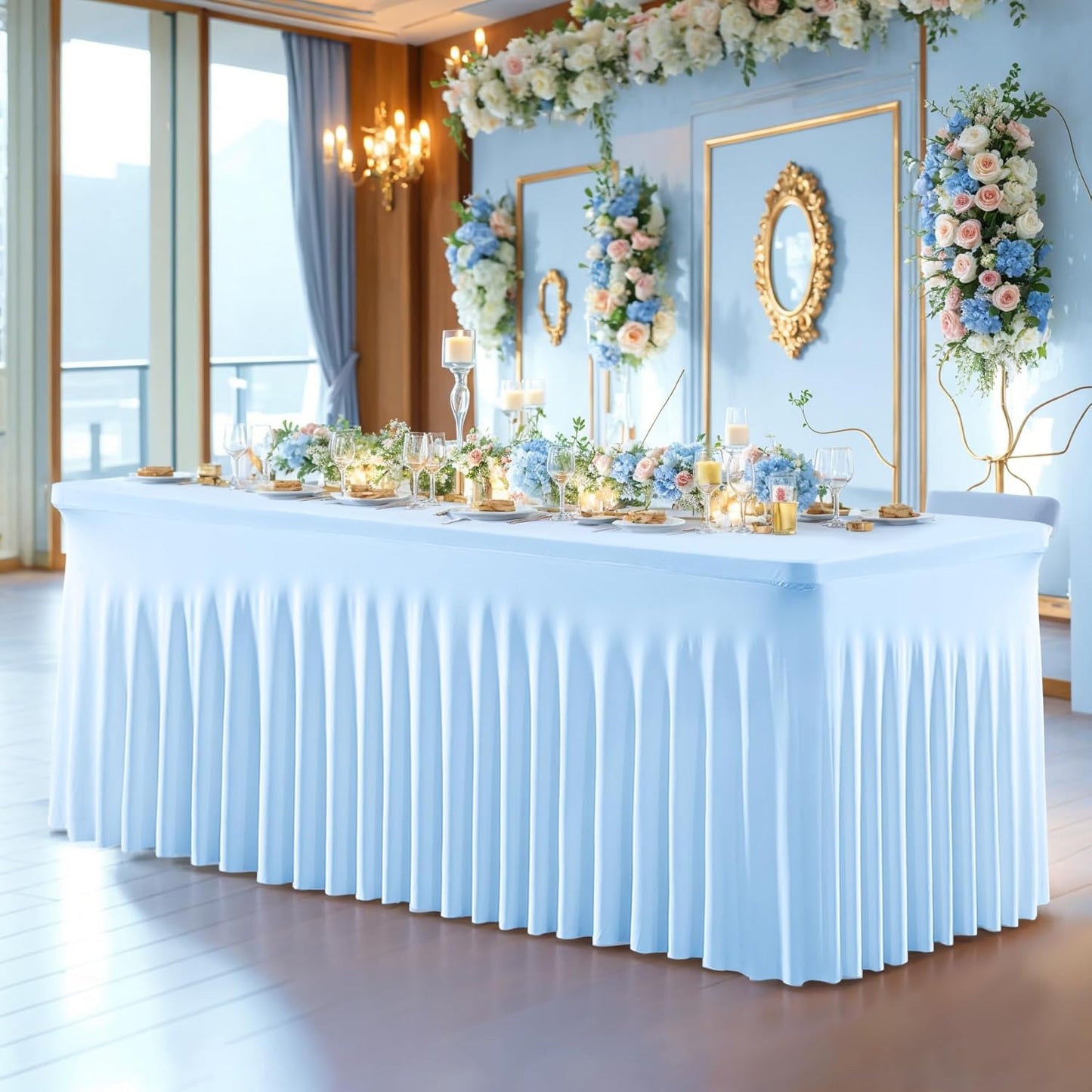 8 Pack Spandex Baby Blue Fitted Table Cloth for 6ft Rectangle Tables Baby Blue Stretch Tablecloth Table Covers Skirt Banquet Wrinkle Free Tablecloths for Parties Wedding