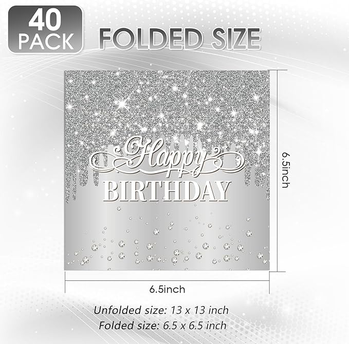 40PCS Silver Happy Birthday Napkins Silver Theme Party Decorations Disposable Cocktail Napkins for lunch,Dinner,Birthdays, Weddings, Baby Showers Party Decoration Supplies