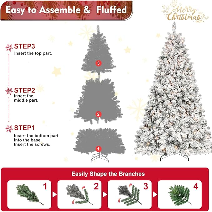 5FT Prelit Flocked Christmas Tree with 300 Lights & 600 Branch Tips, Pre Lit Hinged Xmas Tree with Memory Wire Technology, Premium Artificial Christmas Tree with Pine Cone for Holiday Decoration