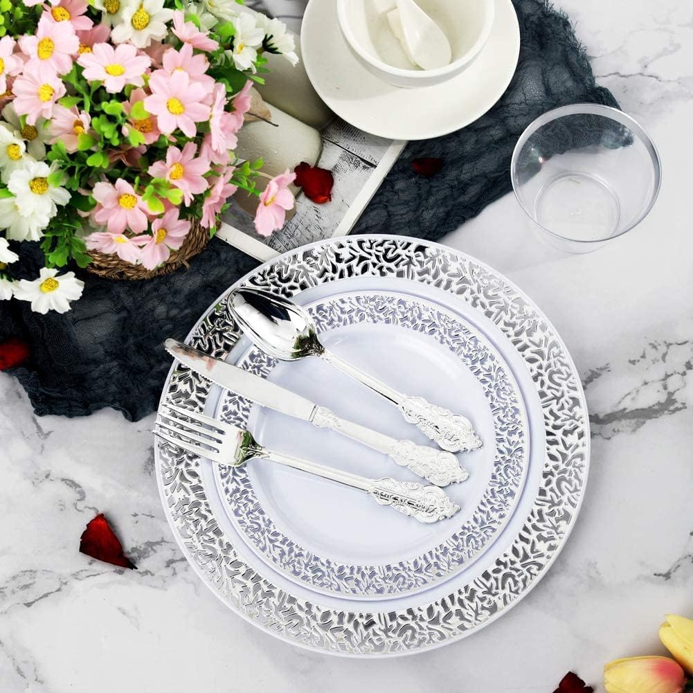 supernal 100pcs Silver Plastic Plates10.25 For Big Party Lace White Plastic Plates with Silver Rim Disposable Dinner Plates Heavy Duty for Party Wedding Birthday