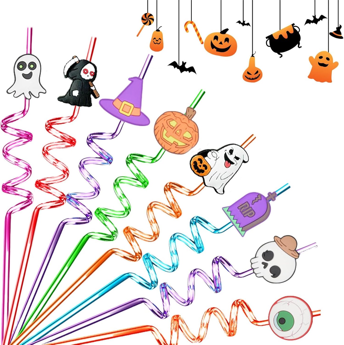 30Pcs Halloween Drinking Straws Reusable Party Favors Pumpkin Skull Ghost Witch Theme Drinking Straws with Cartoon Decoration for Kids Halloween Party Supplies, 15 Styles
