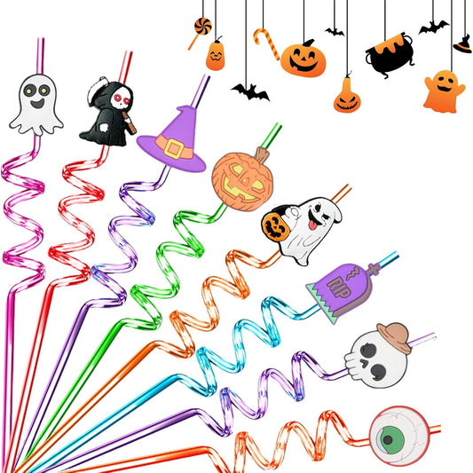 30Pcs Halloween Drinking Straws Reusable Party Favors Pumpkin Skull Ghost Witch Theme Drinking Straws with Cartoon Decoration for Kids Halloween Party Supplies, 15 Styles