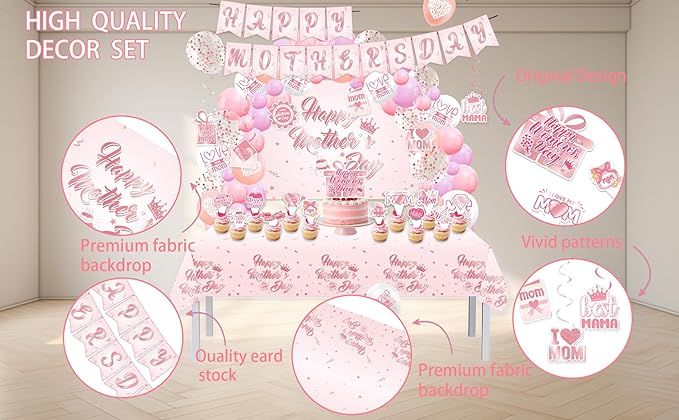 82Pcs Mother's Day Decorations - Rose Gold & Pink Party Supplies Kit, Includes Happy Mothers Day Banner, 59x39" Photo Backdrop, Tablecloth, Balloon Arch Garland & Cake Toppers for Mom Brunch Decor