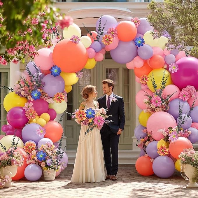 Hot Pink Purple Balloon Arch Double Stuffed Balloons with Cosmos Artificial Flowers Eucalyptus Leaves Pastel Yellow Peach Magenta Latex Garland for Wildflower Birthday Baby Shower Wedding Party Decor
