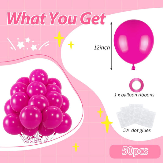 50pcs Hot Pink Balloons, Helium Quality 12inch Bright Pink Latex Balloons for Wedding Anniversary Valentine’s Tropical Party Decorations(With Ribbon & Glues)