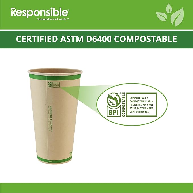 Responsible Products Certified Compostable 20 oz Paper Cups, Cold ＆ Hot Coffee Cups, Disposable Paper Cups, Extra Strength Disposable Cups, Made without PFAS (50 count)