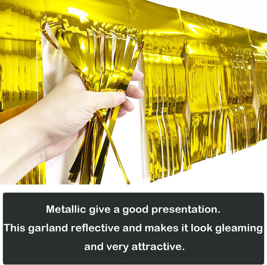 3 Pack Total 30 Feet Foil Fringe Garland Metallic Wall Hanging Drapes Tassel Skirting Tinsel Streamers Decorations for Parade Float Trailer Mardi Gras Party Birthday Wedding (Gold)