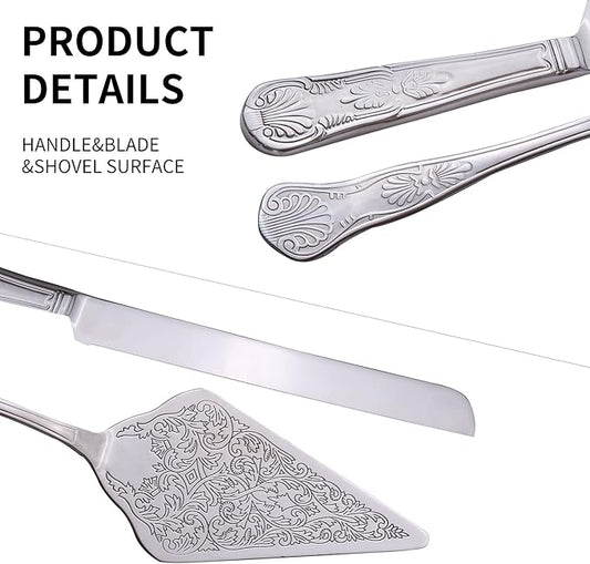 GURUDAR Vintage Wedding Cake Knife and Server Set, Stainless Steel Cake Pie Pastry Cutting Knife & Serving Spatula Set, Premium Party Supplies for Wedding, Birthday, Anniversary & Events, Silver
