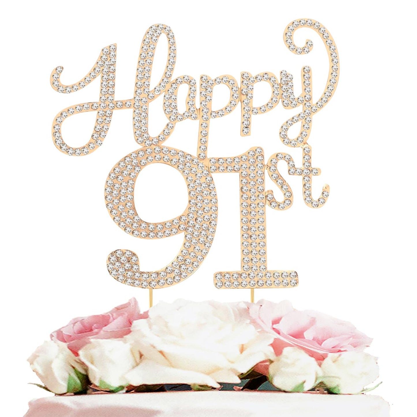 Happy 91st Birthday Decorations,91st Birthday Gold Rhinestone Cake Topper - Cheers to 91 Years Old Bday Party Metal Sparkly Cake Centerpieces Sign.