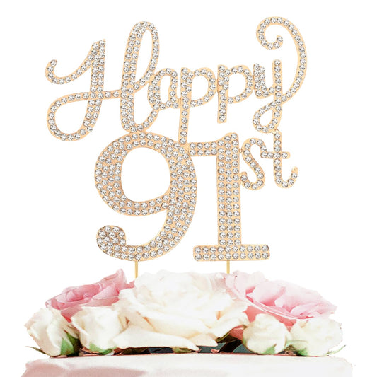 Happy 91st Birthday Decorations,91st Birthday Gold Rhinestone Cake Topper - Cheers to 91 Years Old Bday Party Metal Sparkly Cake Centerpieces Sign.