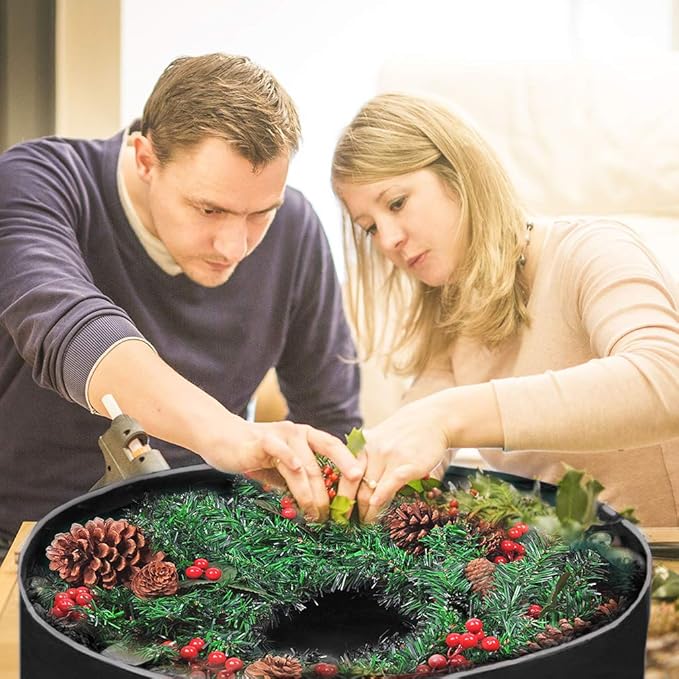 Primode Christmas Wreath Storage Bag 36" - 2 Pack Artificial Wreath Container - Garland Holiday Xmas Wreaths Holder - Sturdy Handles - Inner Straps - Card Slot Zipper Strong Oxford (36 Inch, Black)