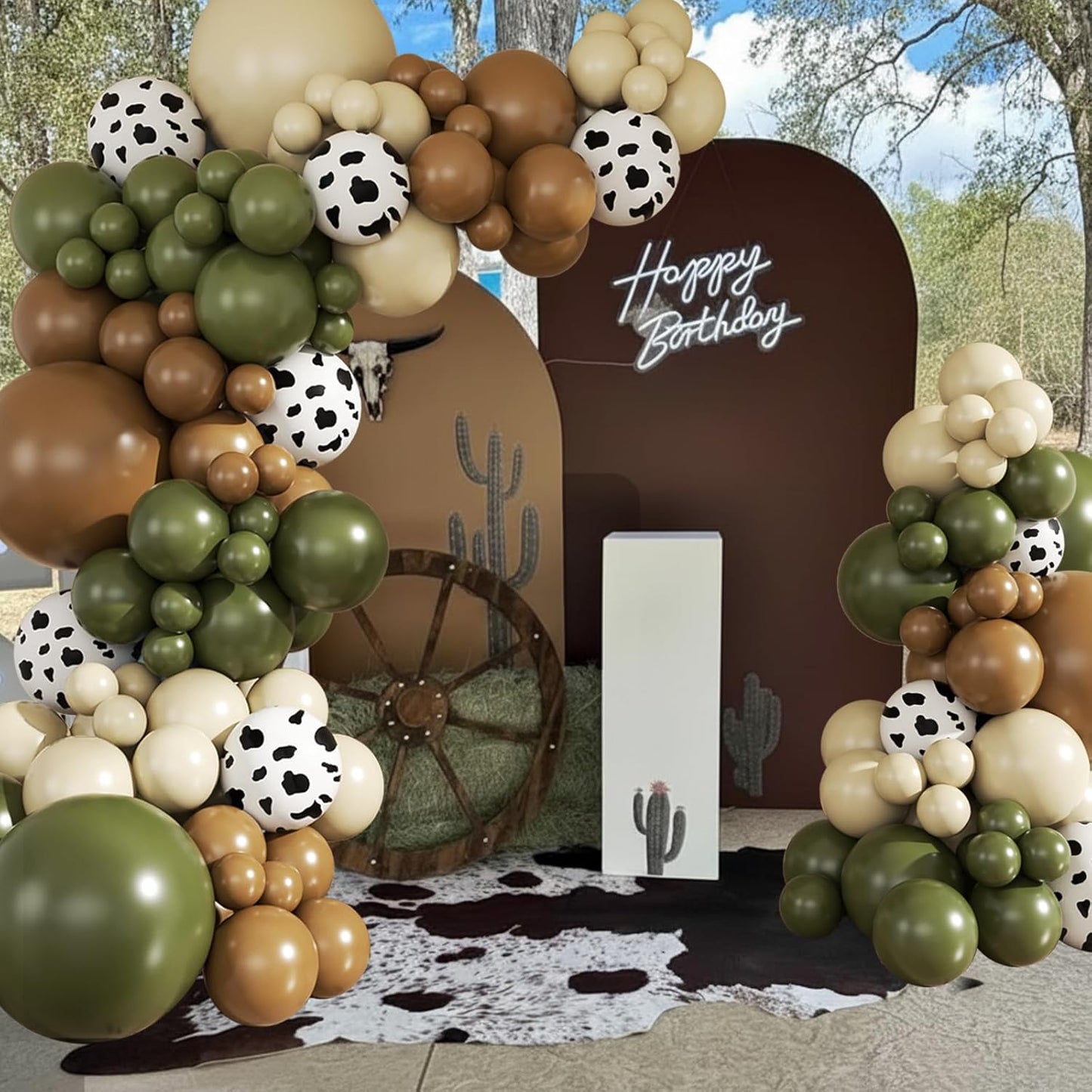 Cowboy Green Cow Balloon Garland Arch Kit, Brown, Sand White Balloons for Baby Shower First Rodeo Western Cowboy Theme Party Birthday Decoration