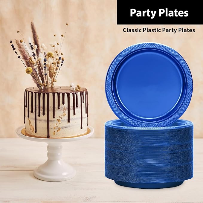 Hanna K. Signature Collection Blue Plastic Plates 7 Inch - 600 count Solid Round Party For Weddings, BBQs, Birthday Disposable Dessert (82270 (case))