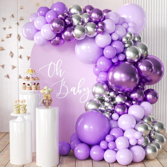 Purple and Silver Balloon Garland Arch Kit, 166Pcs Purple Metallic Pastel Lavender Maca Lilac Violet Gold Chrome Balloons for Birthday Wedding Baby Shower Party Decoration