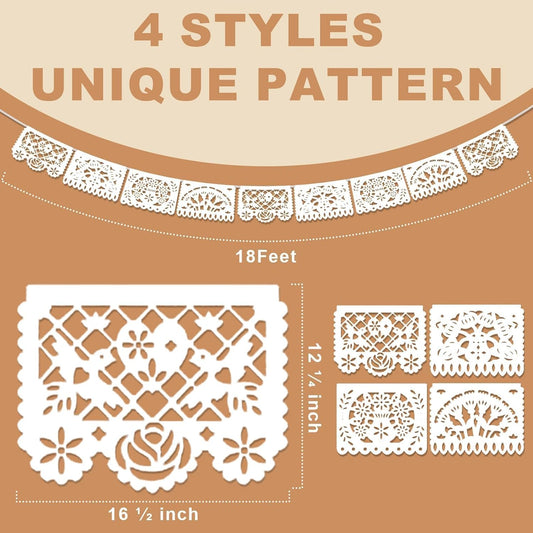 5 Pack White Papel Picado Banner, 90Ft White Mexican Banner for Parties Weddings, Papel Picado Dia De Los Muertos, Cinco De Mayo Decor, Day of The Dead Decorations, Fiesta Party Decoration Supplies