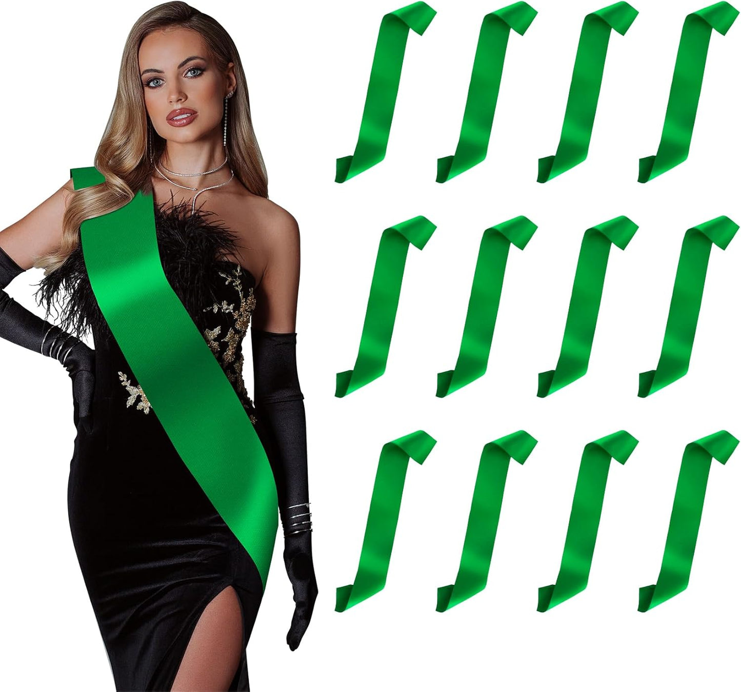 12pcs Green Girl Scout Sash With Badges - Blank Sashes for Pageants, Graduation, Bride, Birthday, Prom Queen, Homecoming Court - Make Your Own