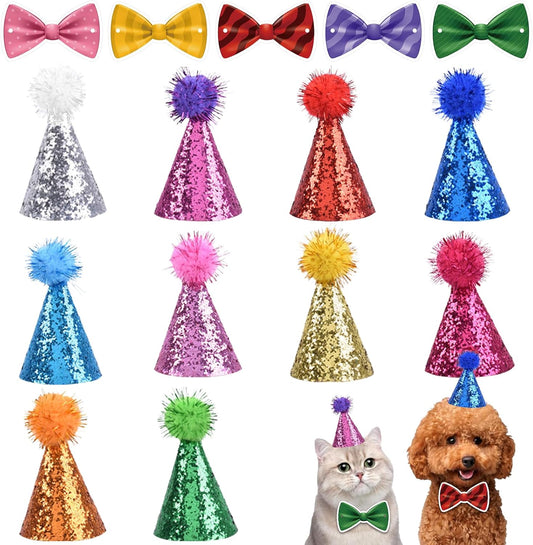 delaimastor Mini Party Hats with Bow Tie for Stuffed Animals, 10 Pack, Reusable Cone Hats with Pom Poms, Birthday Cake Toppers